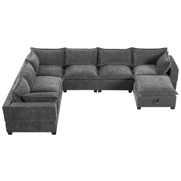 U-Shaped Sectional Sofa with Storage Ottoman – 7-Seat Chenille Couch, Grey