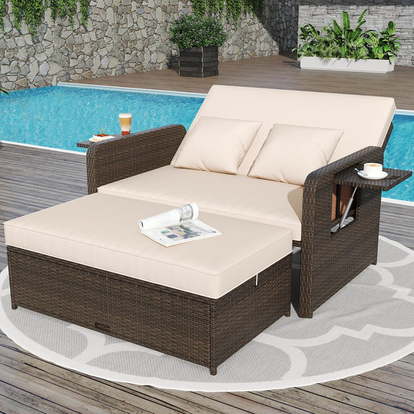 Outdoor Rattan Daybed with Storage Ottoman & Adjustable Backrest