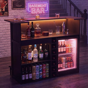 L-Shaped Home Bar Unit with LED Strip, Stemware Racks & Fridge Space – Black & Walnut