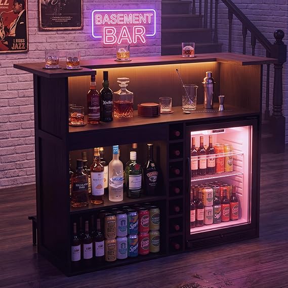 L-Shaped Home Bar Unit with LED Strip, Stemware Racks & Fridge Space – Black & Walnut