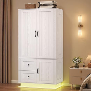 Farmhouse Wardrobe Closet with LED Lights & Hanging Rod