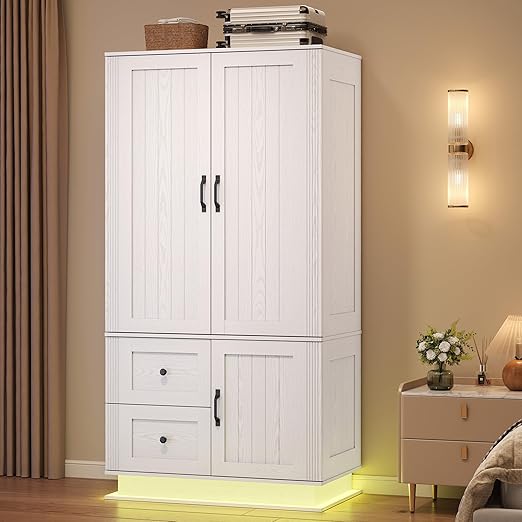 Farmhouse Wardrobe Closet with LED Lights & Hanging Rod