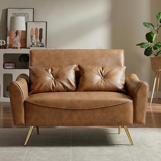 Faux Leather Loveseat Sofa with Pillows