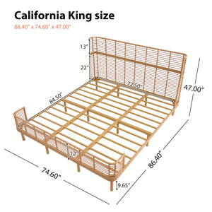 Boho Rattan Platform Bed Frame with Wingback Headboard