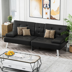 Convertible Futon Sofa Bed with Adjustable Backrest & Cup Holders