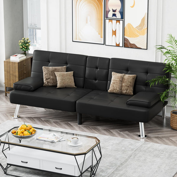 Convertible Futon Sofa Bed with Adjustable Backrest & Cup Holders