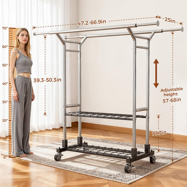 Heavy Duty Double Rod Clothes Rack with Shelves & Lockable Wheels