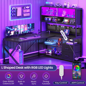 L-Shaped Gaming Desk with Bookshelf, Glass Cabinet, LED Lights, Drawers & Power Strip