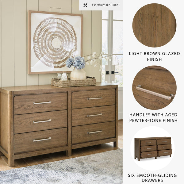 6-Drawer Bedroom Dresser – Hardwood & Hickory Veneer, Light Brown