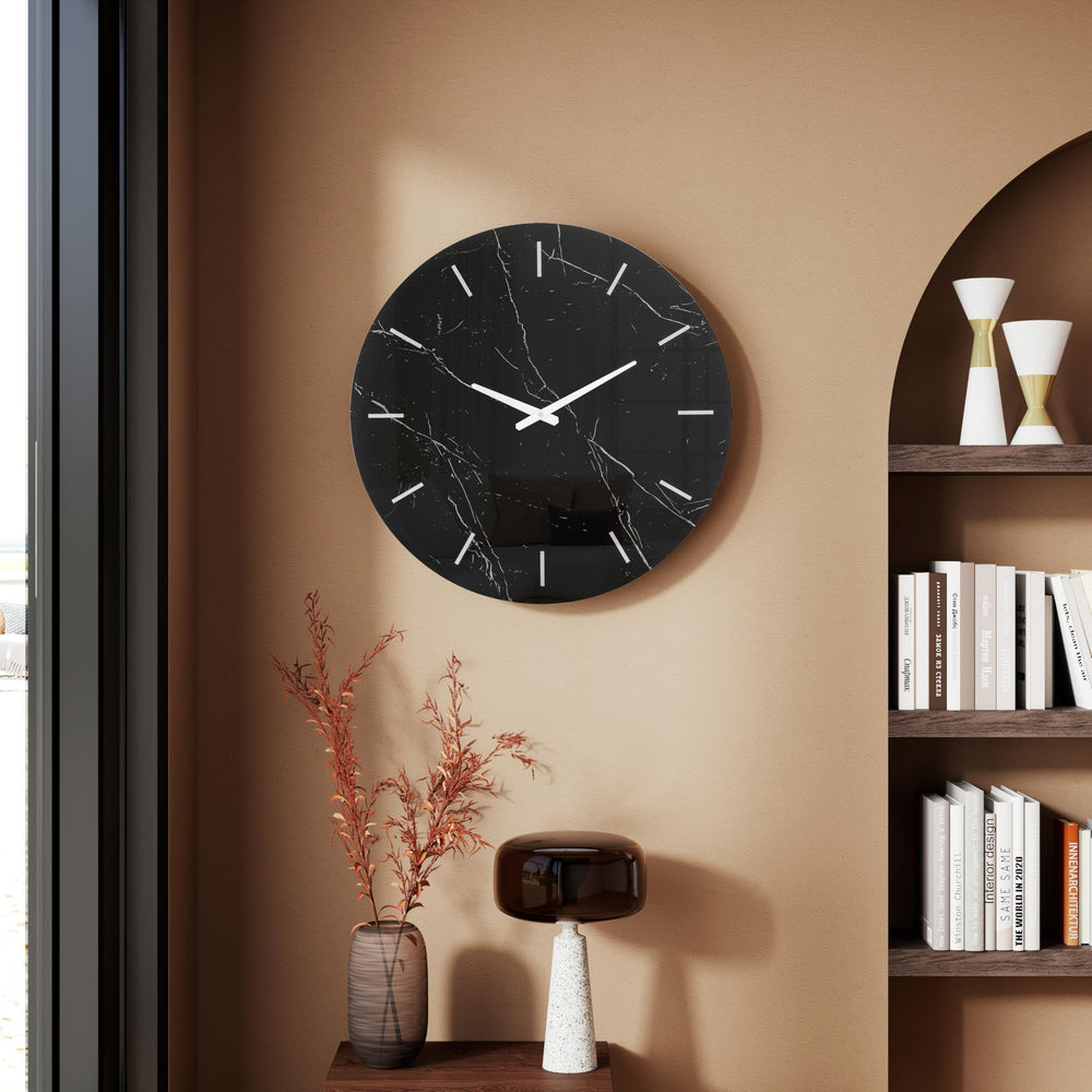 Large Round Wall Clock – Black Marble Glass, Silent Quartz, 23.62"