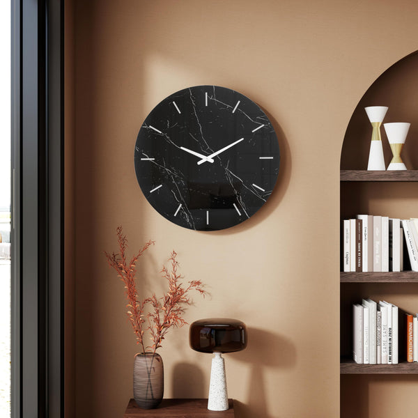 Large Round Wall Clock – Black Marble Glass, Silent Quartz, 23.62"