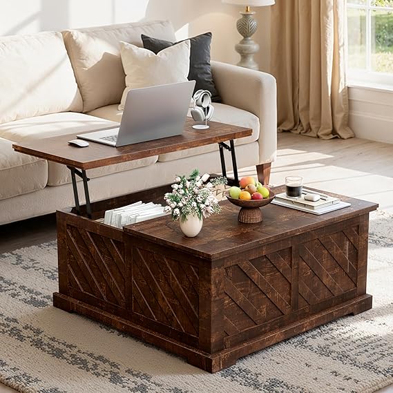 Lift-Top Coffee Table with Hidden Storage & Diagonal Pattern