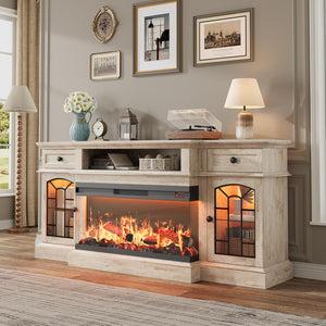70" Electric Fireplace TV Stand with 3-Sided Glass Insert, Storage Cabinets & Open Shelf