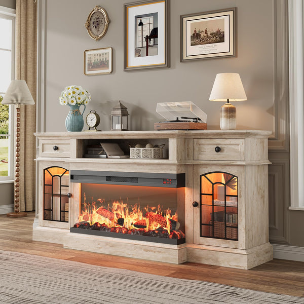 70" Electric Fireplace TV Stand with 3-Sided Glass Insert, Storage Cabinets & Open Shelf