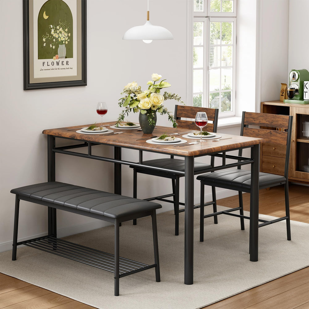 4-Piece Dining Table Set with Bench and 2 Upholstered Chairs