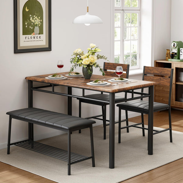 4-Piece Dining Table Set with Bench and 2 Upholstered Chairs