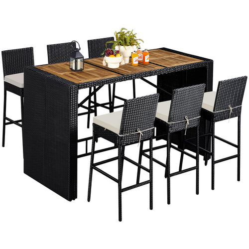 7-Piece Outdoor Wicker Bar Set with Acacia Wood Table