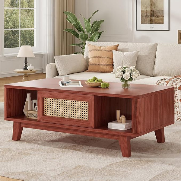 Mid-Century Coffee Table with Rattan Drawer