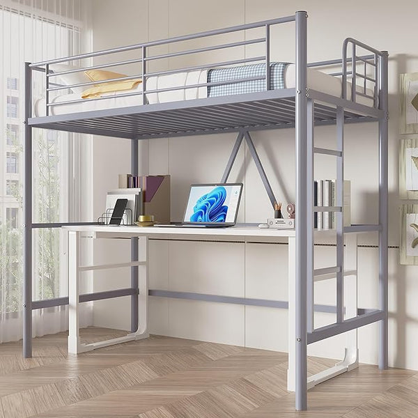 Twin Size Metal Loft Bed with Ladder & Safety Guardrail