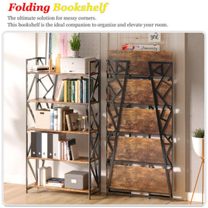 5-Tier Folding Bookshelf, No-Assembly Industrial Storage Shelves