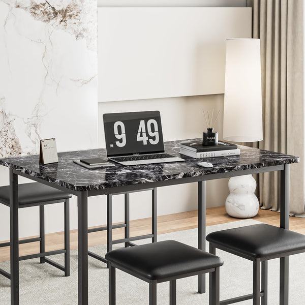 5-Piece Dining Table Set with Faux Marble Top & 4 PU Stools