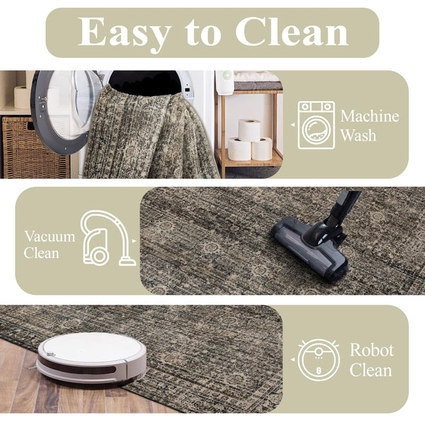 Washable Area Rug – Faux Wool Vintage Print, Non-Slip, Multi-Size