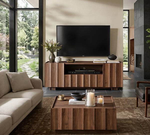 61" Mid-Century Modern TV Stand – Walnut Media Console with Wave Design
