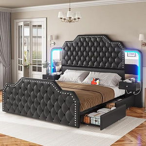 Queen Bed Frame with Storage Drawers, LED & Nightstands
