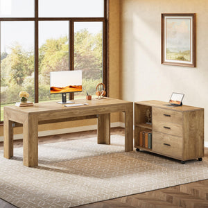 63" L-Shaped Executive Desk with File Cabinet, Drawers & Shelves