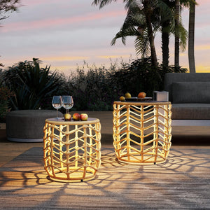 Boho Solar Nesting Side Tables with Built-In Lights Set of 2
