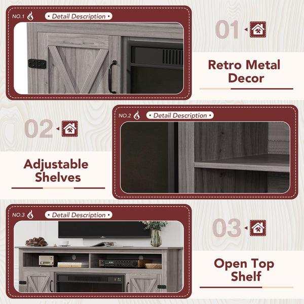 Fireplace TV Stand with Storage & Barn Doors – Grey