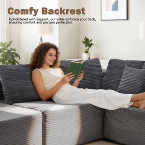 136" U-Shaped Modular Sectional Sofa – 8 Seater, Corduroy, Grey