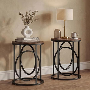 Round End Table Set of 2 with Gold O-Shaped Base