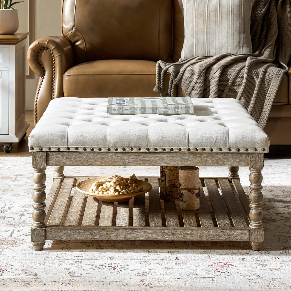 Upholstered Rectangular Ottoman with Spindle Legs & Storage Shelf