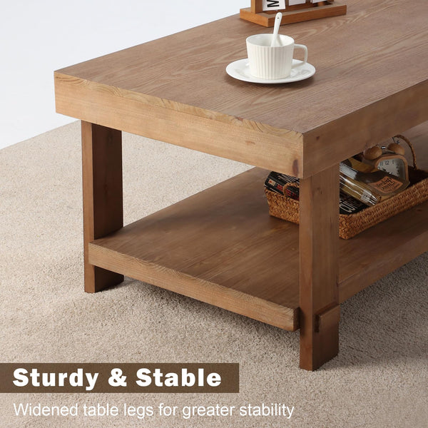 Farmhouse Solid Wood Coffee Table with Storage Shelf