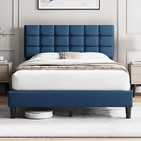 Upholstered Platform Bed Frame with Adjustable Tufted Headboard