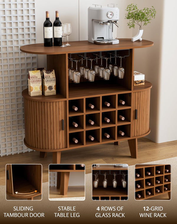 Wine Bar Cabinet with Sliding Tambour Door, Glass Shelves & 12 Wine Racks