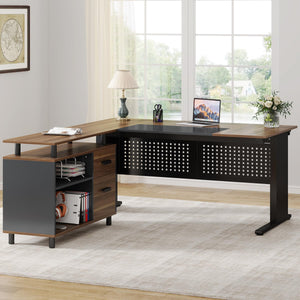 L-Shaped Executive Desk with File Cabinet & Storage Shelves