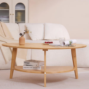Oval Bamboo Coffee Table with Lower Storage Shelf