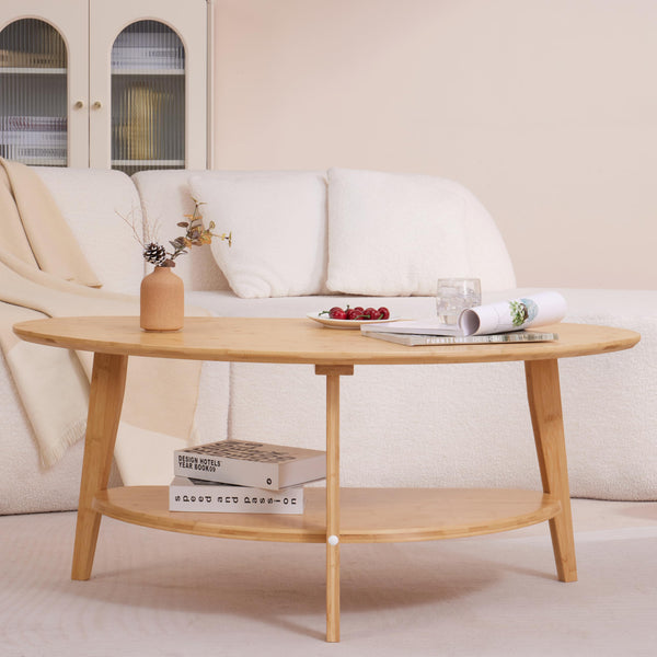 Oval Bamboo Coffee Table with Lower Storage Shelf