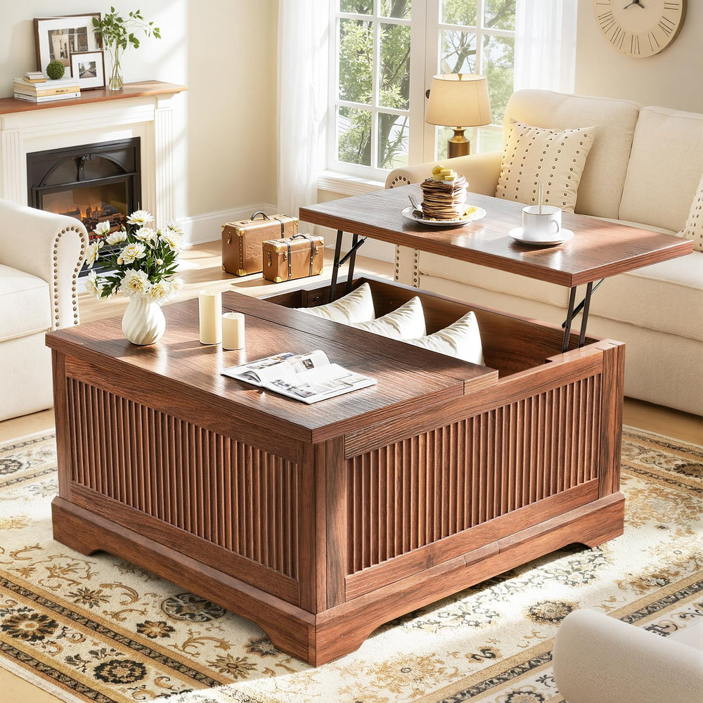 Lift Top Coffee Table with Storage – Fluted Square Design