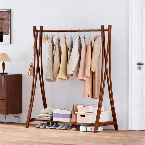 Freestanding Wood Clothes Rack with Storage Shelf – 52"W x 57"H