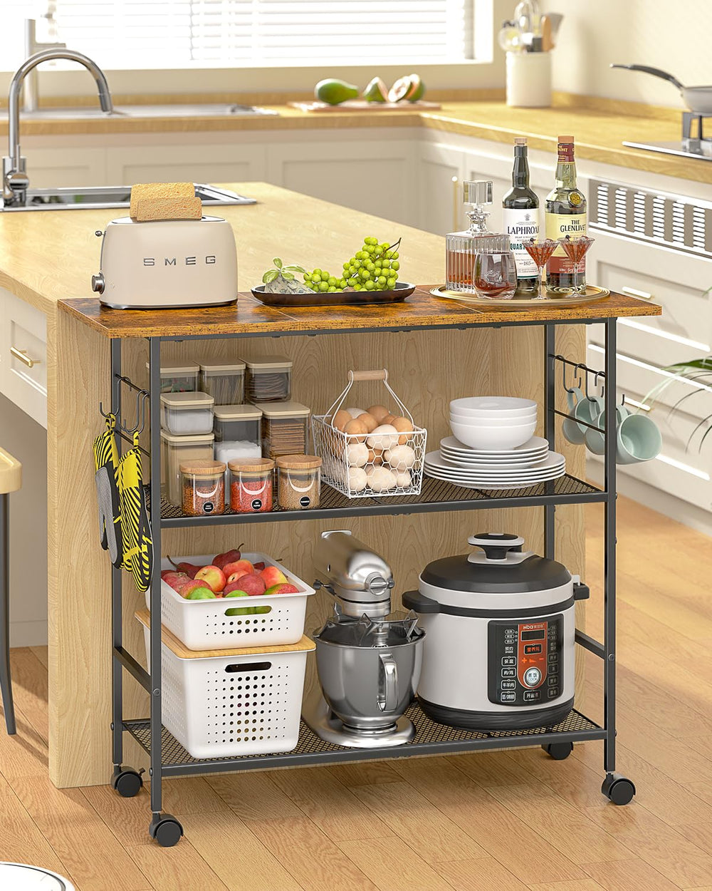 3-Tier Rolling Kitchen Island Cart with Lockable Wheels
