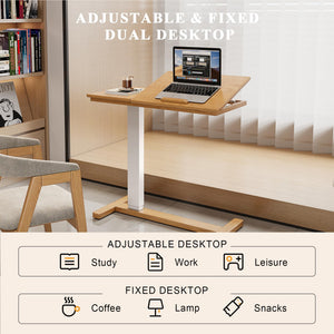 IUNVR Solid Wood Overbed Bedside Table with Hidden Casters, Adjustable Hospital Bed Table Rolling Laptop Desk with Split Dual Desktop & Pneumatic Gas Spring Lift for Hospital, Home Use (Natural)