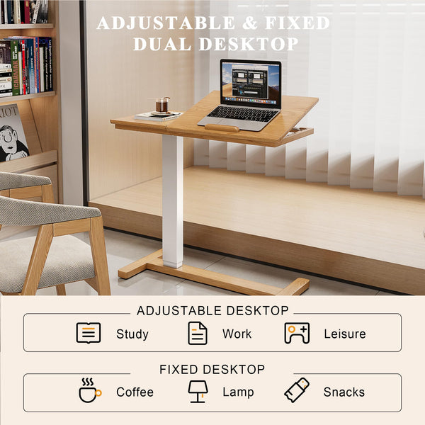 IUNVR Solid Wood Overbed Bedside Table with Hidden Casters, Adjustable Hospital Bed Table Rolling Laptop Desk with Split Dual Desktop & Pneumatic Gas Spring Lift for Hospital, Home Use (Natural)