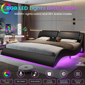 California King LED Bed Frame with USB Ports | Faux Leather Low Profile Platform Bed
