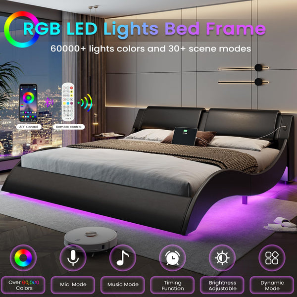 California King LED Bed Frame with USB Ports | Faux Leather Low Profile Platform Bed