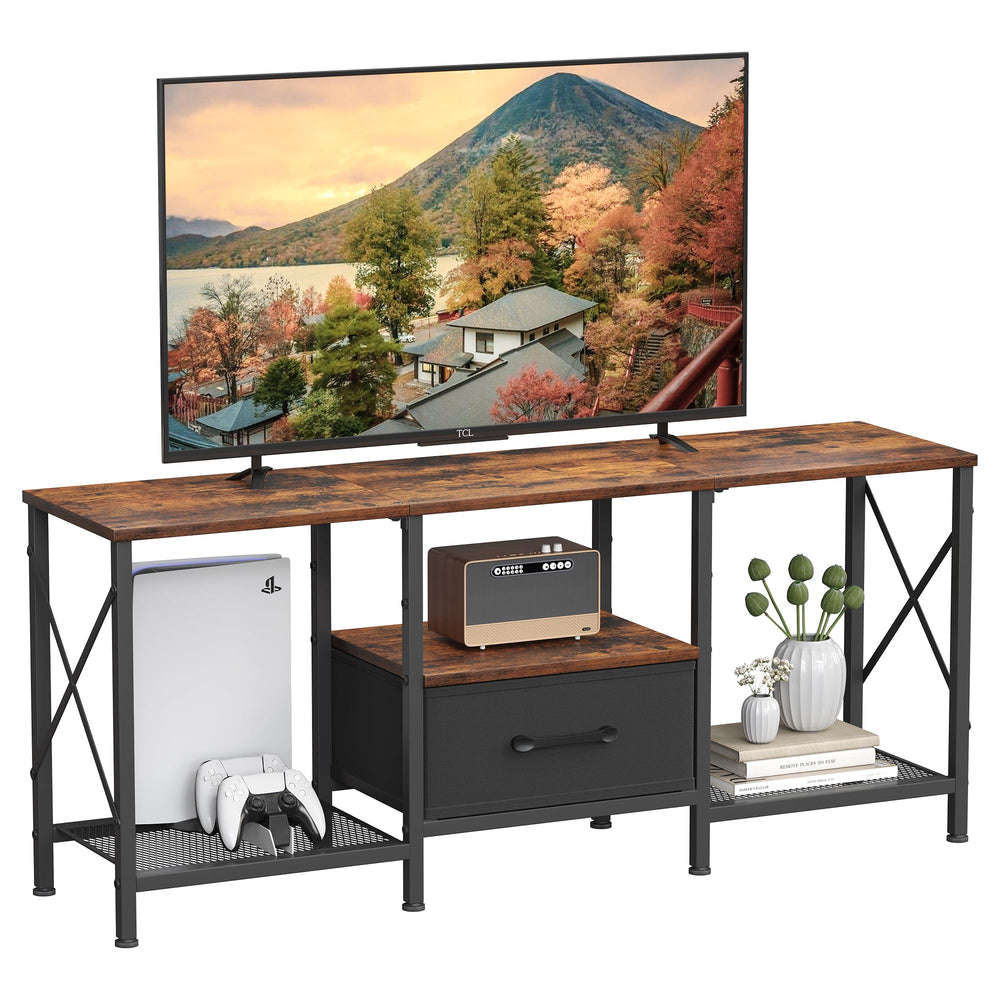 Industrial TV Stand with Fabric Drawer & Open Shelves