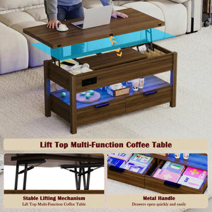 Lift Top Coffee Table with Power Outlets, LED Lights & Storage