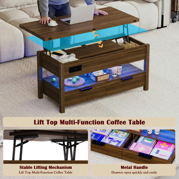 Lift Top Coffee Table with Power Outlets, LED Lights & Storage